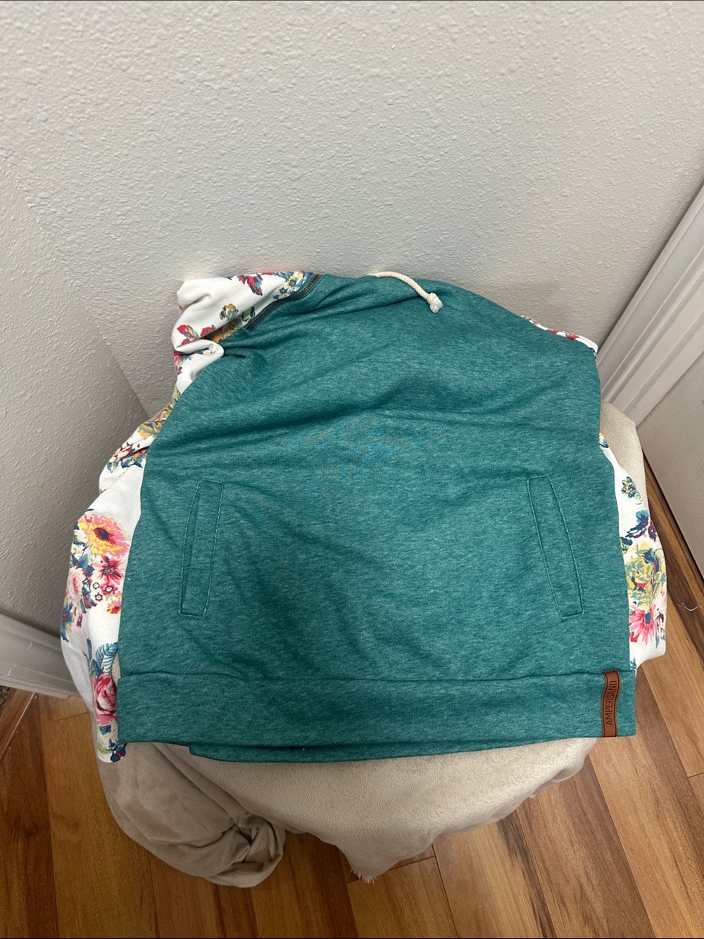 AMPERSAND AVE Teal Pullover Hoodie with Floral Trim - Picture 2 of 4
